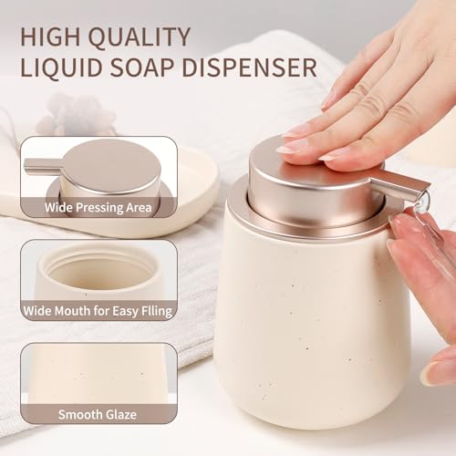 BosilunLife Ceramic Bathroom Accessories Set 3 Pcs, Liquid Soap Dispenser and Toothbrush Holder with Tray, Modern Farmhouse Vanity Decor, Apricot Housewarming Gift - color: Apricot, style: liquid