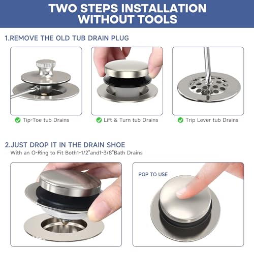 Brushed Nickel Universal Tip Toe Tub Stopper, Pop Up Bathtub Drains Plug, Bathroom Bath Tub Drain Stoppers, Conversion Kit Assembly, Replaces Lift and Turn, Tip-Toe and Trip Lever drains for Tub - color: Brushed Nickel