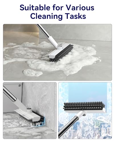 Small Floor Scrub Brush with Length Adjustable Long Handle, 3 in 1 Heavy-Duty Stiff Bristle Scrubber Brush with Squeegee and Tweezer Push Broom for Cleaning Bathroom, Patio, Garage and Kitchen - color: White