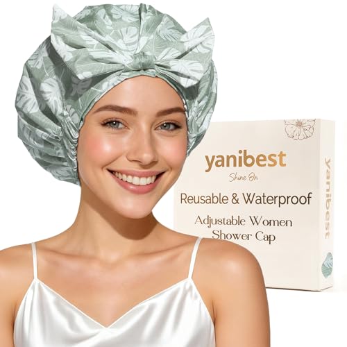 Yanibest Shower Cap for Women Reusable Waterproof, Adjustable Non-Slip Shower Hair Cap, Washable Bath Hat for Long Hair (Green) - color: Green