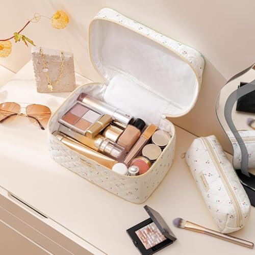 HBselect Quilted Makeup Bag, 3PCS Cotton Large Travel Makeup Bag, Cute Floral Coquette Make up Bag Cosmetic Bag Toiletry Bag for Women Girls - color: A-3PCS-Cherry