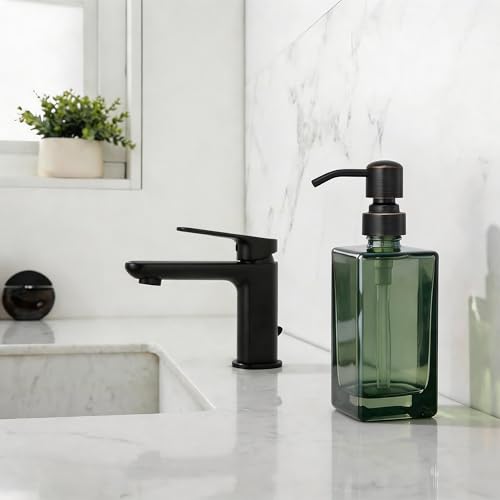 13.5 Oz Green Glass Soap Dispenser with Rust Proof Stainless Steel Pump, Antique Design Refillable Square Lotion Dispenser for Bathroom, Premium Kitchen Hand Soap (Oil Rubbed Bronze) - color: Gree +Oil Rubbed Bronze