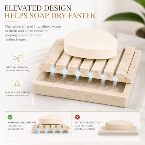 Creative Home Natural Champagne Marble Soap Dish, Beige, 5.2" x 4" | Handcrafted Stone, Non-Slip Base, Spa Collection Accessory, For Bathroom or Kitchen Sink - style: Soap Dish