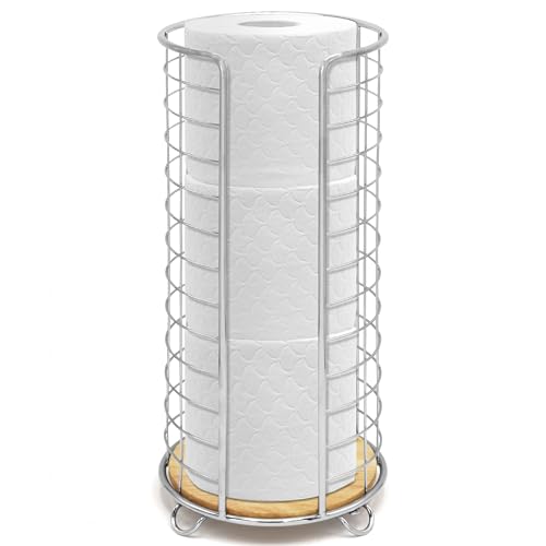 BROOKSTONE, Stylish Toilet Paper Holder with Bamboo Base, Freestanding Bathroom Tissue Organizer, Minimalistic Storage Solution, Modern Trending Design [Holds Large Rolls], Chrome… - color: Chrom/Bamboo