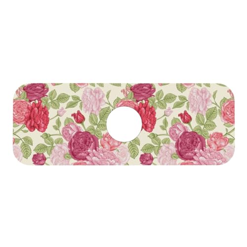 English Rose Flower Floral Pink Red 15" X 5.5" Kitchen Sink Splash Guard Faucet Faucet Guard Draining Mat Sink Splash Guard Faucet Kitchen Bathroom - color: English Rose Flower Floral Pink Red