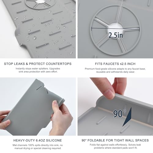 Kitchen Sink Splash Guard - Silicone Faucet Mat for Kitchen Sink Light Gray | Water catcher mat, Sink drain pad behind faucet, Sink rubber mat around faucet guard & draining mat, bathroom sink protector - color: Light Gray