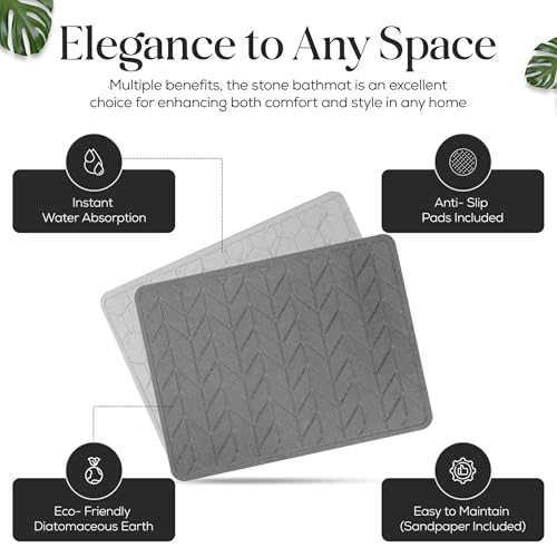 Diatomaceous Earth Stone Bathmat | Eco-Friendly XL Stone Bath Mat 18x24 Inch. Instant Dry Bathroom Mat with Sandpaper & Pads. Multiuse, Kitchen Counter & Dog Bowl Mat Arrow Style (2, Grey) - color: Grey