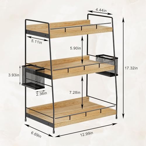 3 Tier Bathroom Counter Organizer with Side Baskets, Wood Countertop Vanity Shelf,Sturdy Metal Frame fits Tall Bottles - color: Brown