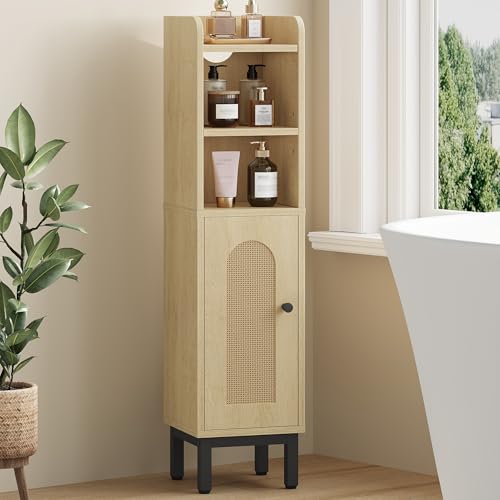 Hzuaneri Bathroom Storage Cabinet, Small Corner Floor Cabinet with Door and Shelves, Narrow Toilet Paper Holder, Bathroom Organizer with Adjustable Shelf, for Small Spaces, Rattan Yellow BC08202Y - color: Rattan Yellow, size: 7.9"D x 7.9"W x 32.7"H