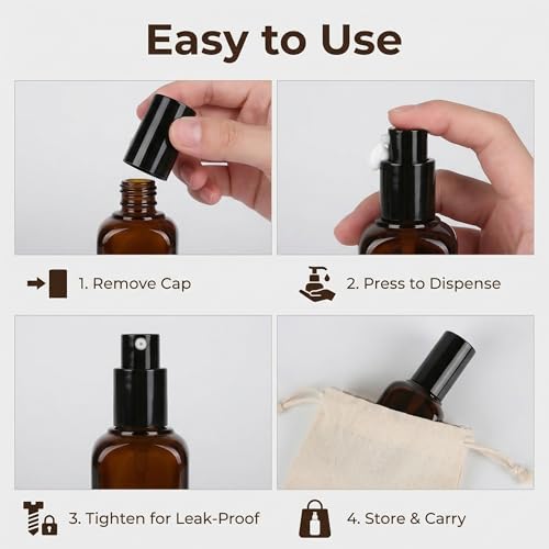 ericotry 3PCS 50ml Empty Refillable Square Amber Glass Cream Lotion Pump Bottles for Makeup Face Cream Facial Cleanser Toiletries Toner Liquid Travel Containers Emulsion Essential Oil Dispenser - size: 50ML
