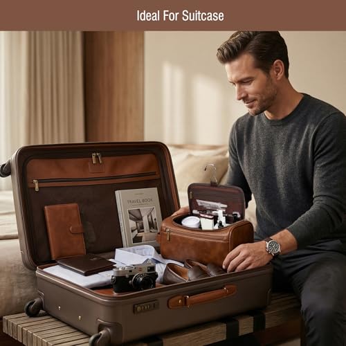 Travel Toiletry Bag Hanging For Mens PU Leather - Yellow Brown (Initial J) | Waterproof Dopp Kit Bag Beach Travel Essentials Bathroom Organizer, Personalized Gifts For Father Husband Groomsmen Birthday - color: Yellow Brown, style: J
