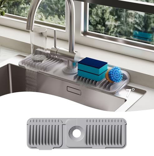17.7 Inch Silicone Faucet Mat for Kitchen Sink Splash Guard - 7° Slope Upgraded Water Draining Mat with Fasten Button for Bathroom Area (Gray, 17.7''x5.5'') - color: Gray, size: 17.7''x5.5''