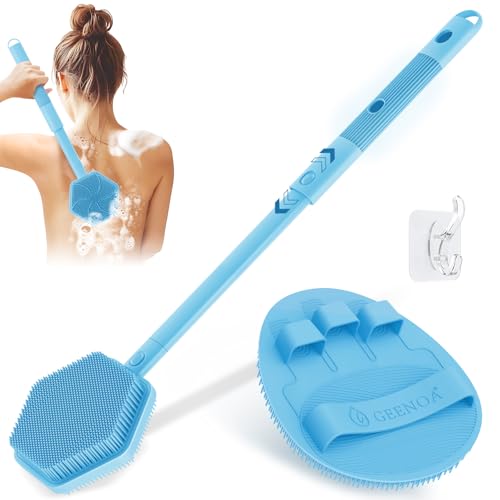 Silicone Back Scrubber & Soft Bath Glove 2PCS, 16''- 21''Extendable Back Scrubber with Dual-Side Large Head, 360° Anti-Slip Hand-fit Silicone Body Scrubber for Rich Foaming Deep Cleaning(Blue) - color: Blue*2