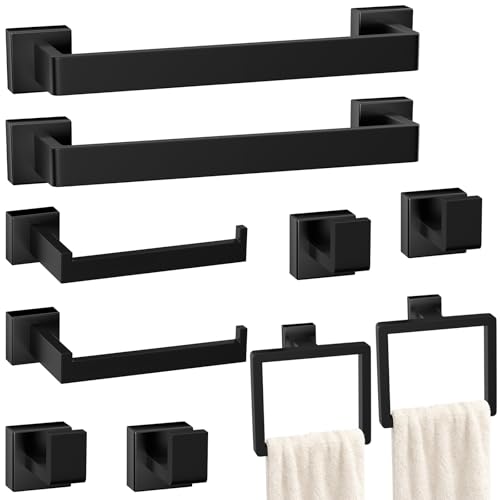 Bathroom Accessories Towel Bar Set: 10 Pieces Matte Black Bathroom Hardware Square SUS304 Stainless Steel - Wall Mounted Towel Rack&Toilet Paper Holder&Towel Ring and Towel Hook - color: Matte Black, size: 16inch 10 Pieces