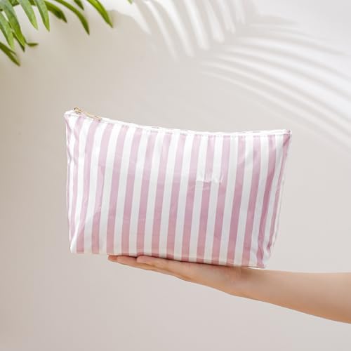 RSRSLEII Large Waterproof Travel Stripe Makeup Bag,Aesthetic PVC Toiletry Bag,Coquette Cosmetic Bag Organizer,Cute Preppy Carry-on Travel Accessories Essentials for Women Girls(Striated pink) - color: Striated pink