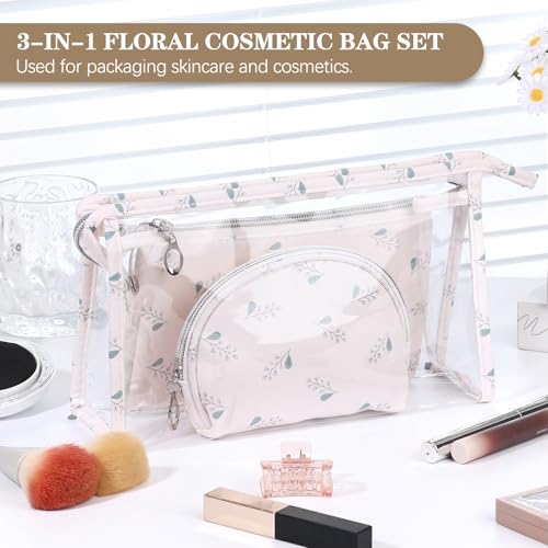 Richeart Makeup Bag, Clear Bag with Zipper, 3PC Floral Flowers Makeup Pouch, Waterproof Small Pouch, Portable Travel Toiletry Bag, E - style: E