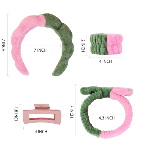 7 Pcs Spa Set, Facial Headband and Wristband Set, Skincare Accessories, College Style Girl Idea Gifts, Hair Accessories for Women and Girls（Pink Green） - color: Pink Green