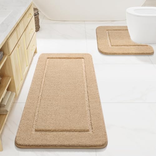 LOCHAS Bathroom Rug Set Beige, Soft Bath Rug Set 2 Piece, Toilet Mat U-Shaped 20x20 and 24x48 Bath Rugs, Quickly Dry Mats for Bathroom, Tub, Washable, Super Absorbent Floor Mat - color: Beige, size: 48" x 24" Plus 20" x 20" (U-Shape)