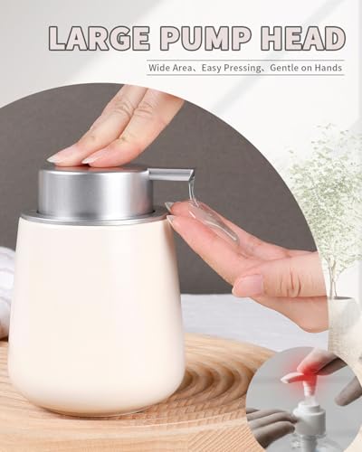 BosilunLife Hand Soap Dispenser - Beige & Grey 12Oz Ceramic Soap Dispenser Bathroom Refillable Liquid Dispenser for Dish Soap with Easy-to-Press Pump - color: Beige With Silver Pump