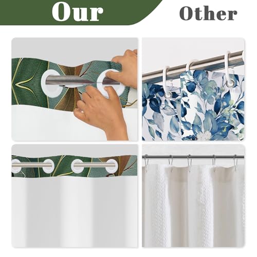 Abstract Botanical Shower Curtain with Snap in Liner - Boho Green Leaf Art Print Bathroom Shower Curtain No Hooks, Waterproof Double Layer Bath Curtain with Mesh Top Window, 71″W x 74″L - color: Cyan Leaves