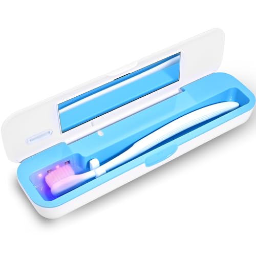UV Toothbrush Sanitizer and Holder, Portable Travel Case and Cover, Toothbrush Cleaner Powered by AA Battery or USB-C, Fits Most Brushes - color: White-Blue