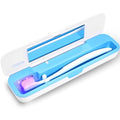 UV Toothbrush Sanitizer and Holder, Portable Travel Case and Cover, Toothbrush Cleaner Powered by AA Battery or USB-C, Fits Most Brushes - color: White-Blue
