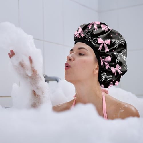 Luxury Shower Cap Terry Lined Reusable Triple Layer Waterproof Hair Elastic Caps Shower Bath Hat for Women Girls Cute Aesthetic-Bowknot - color: AL19-Bowknot