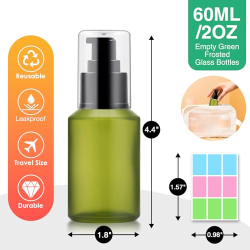 3PCS 60ML/2OZ Empty Green Frosted Glass Bottles with Pump Refillable Vial Cosmetic Dispenser Jars Storage Travel Lotion Container Portable Sample Bottle for Toiletries,Foundation,Cream,Gel,Lotion - color: Green, size: 2 OZ
