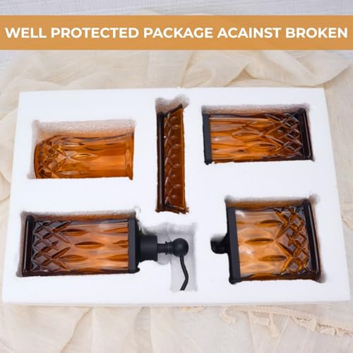 Amber Bathroom Accessories, Thick Etched Glass & Zinc Alloy Pump | Square Design, Beautiful & Weight, 5 Pcs Soap Dispenser, Toothbrush Holder, Soap Dish, Tumbler & Jar, for Mission/Amish Style - style: Square(Amber)