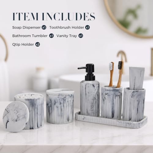 INIUNIK Bathroom Accessory Set, 6 Pieces, Marble White | Resin, Bathroom Accessories Set, with Soap Dispenser Set, Toothbrush Holders, Tumbler, Vanity Tray & 2 Qtip Holder - color: Marble White