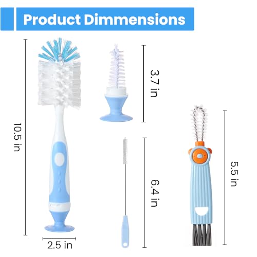 Ariseno 4-in-1 Baby Bottle Brush Set, Bottle Brush for Baby, Bottle Cleaner Brush Set, Including Nylon Bottle Brush, Bottle Cap Brush, Straw Brush, Nipple Brush, BPA-Free (Blue) - color: Blue-nylon