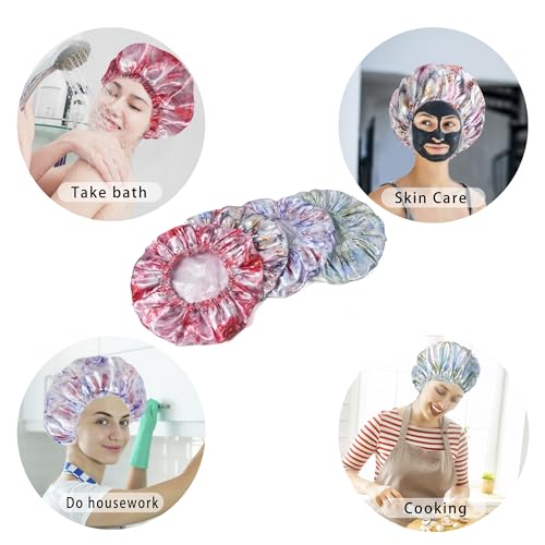 4 PCS Shower Caps for Women, 3D Printing Bath Caps, Double Layers Shower Cap Reusable Waterproof, Bathing Shower Caps, Environmental Protection Hair Bath Hat - Flower - color: 3D Flower 4 PCS/Set