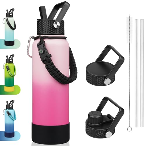 BJPKPK Insulated Water Bottle with Straw Lid, 40oz Large Thermal Flasks with 3 Lids, Paracord Handle & Non-slip Boot, BPA Free Leak Proof Stainless Steel Metal Water Bottles, Tumblers, Cups,Cherry - color: Cherry, size: 40 Ounces
