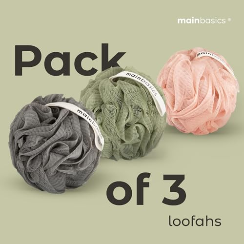 MainBasics Shower Loofah Sponge Pouf, Set of 3, Earthy Love | Soft Mesh Body Scrubber and Bath Sponge for Gentle Exfoliation, Rich Lather, and Everyday Shower Use - style: Earthy Love