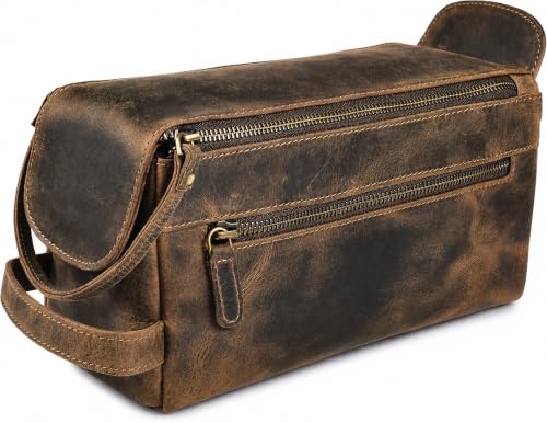 Full Grain Leather Toiletry Bag for Men & Women – Water-Resistant Travel Shaving Kit Organizer with YKK Zipper, Spacious Bathroom Grooming & Cosmetic Storage Case - Walnut Brown - color: Distressed Brown