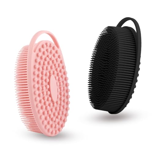 2 Pack Silicone Body Scrubber with Loofah Exfoliating Soft Body Shower Scrubber for Skin, 2 in 1 Bath and Shampoo Wash Brush for Skin Exfoliation Men Women (Black&Pink) - size: Black&Pink