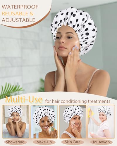 Luvruitaky Large Shower Caps for Women Reusable Waterproof Satin Lined Shower Cap with Adjustable Band Double Layer Design Luxury Washable Bath Hair Bonnet (Black Dot)