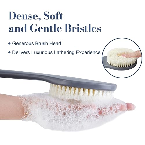 Back Scrubber for Shower, Shower Body Brush for Cleaning with Long Handle for Showering, 17 Inch Back Washer Exfoliator for Shower Men Women with Non-Slip Handle, Adhesive Hook (Gray) - size: Gray - Artificial Bristles