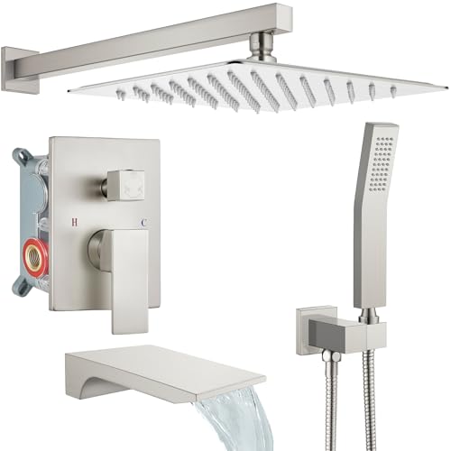 gotonovo Shower System with Tub Spout,Waterfall Tub Shower Faucet Set for Bathroom Head and Handle Set Wall Mounted 3 Function Rough-in Valve and Trim Included 10 inch Shower Head Brushed Nickel - color: Brushed Nickel, size: 10 inch Shower Head