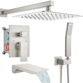 gotonovo Shower System with Tub Spout,Waterfall Tub Shower Faucet Set for Bathroom Head and Handle Set Wall Mounted 3 Function Rough-in Valve and Trim Included 10 inch Shower Head Brushed Nickel - color: Brushed Nickel, size: 10 inch Shower Head