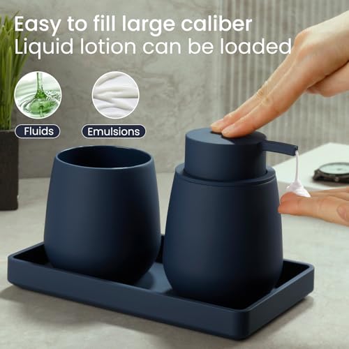 Blue Bathroom Accessories Set, Modern 3 Pcs Bathroom Essentials - Soap Dispenser, Toothbrush Holder & Tray, Countertop Vanity Organizer (Blue) - color: Blue