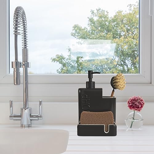 Soap Dispenser with Sponge Holder and Brush Holder, Ceramic Dish Soap Dispenser Pump, 3 in 1 Liquid Hand Soap Organizer with Funnel for Kitchen Sink Countertop, Matte Black - style: Embossed “SOAP”Design-Matte Black