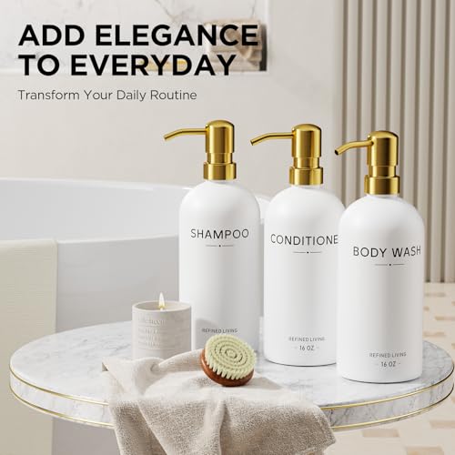 Shampoo and Conditioner Dispenser Set,3 Refillable 16oz Bottles with Stainless Steel Pumps – Shower Soap Dispensers for Bathroom, Hotel or Airbnb (Gold, 3-Pack) - color: Gold