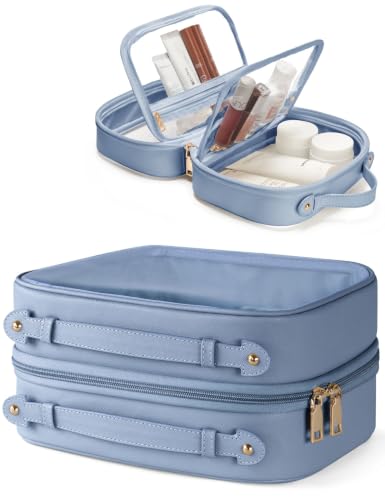 Clear Cosmetic Bag Double Layer Travel Toiletry Bag Clear Makeup Bag Case with 4 Compartments, Transparent Travel Bag for Toiletries, Large Toiletry Bag for Women Cosmetic Case (Dusty Blue, Large) - color: Dusty Blue, size: Large