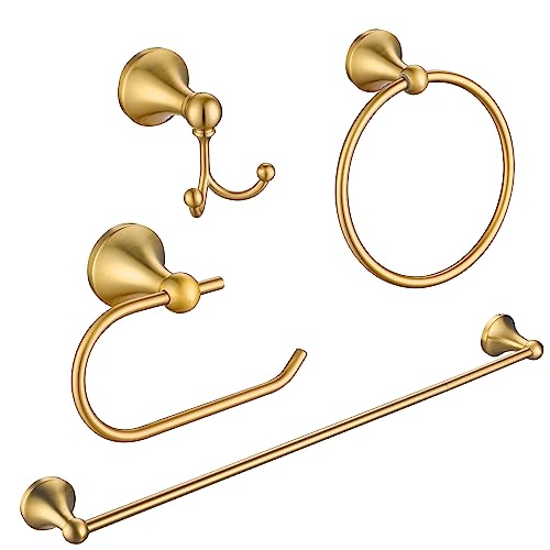 4 Pcs Gold Bathroom Hardware Set - Brushed Brass Gold Bathroom Accessories Kit, Stainless Steel Wall Mounted 23.6 Inch Towel Bar | Towel Hook | Toilet Paper Holder | Hand Towel Holder - color: Gold