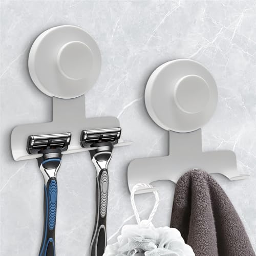 Suction Cup Razor Holder for Shower,Heavy-Duty 7KG Suction Hooks for Razor,Towel,Loofah,Removable Damage-Free Metal Shower Hook,Shaver Holder,2 Pack(Matte White) - color: Matte White