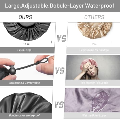 Auban Shower Cap for Women, Adjustable Reusable, Extra Large, Double-Layer Waterproof Bathing Cap, Waterproof Exterior, EVA Lining, Hair Cap for All Hair Lengths, 3 Balck Set - color: 3 Backs