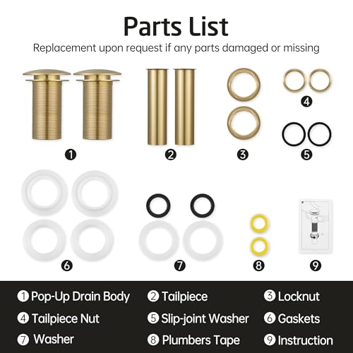 KES Sink Drain Stopper Without Overflow, Pop Up Drain for Bathroom Vessel Sink Brushed Gold 2 Pack, All Metal Rustproof Brass and 304 Stainless Steel, for 1.6"-1.9" Sink Hole, S2008D-BZ-P2 - color: Brushed Gold, style: NO Overflow, 2 Pack