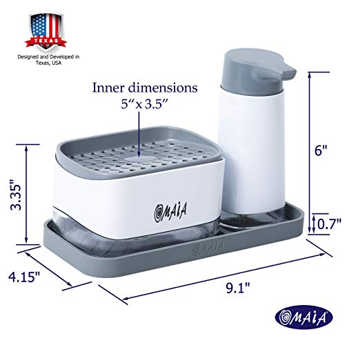 OMAIA 4-in-1 Dish Soap Dispenser Set with Sponge Holder and Liquid Hand Soap Dispenser and Silicone Tray - Countertop Organizer - Useful Kitchen Gadgets