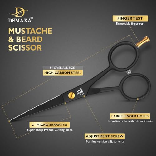 DEMAXA 5" Professional Beard Scissors for men Mustache Scissors with 1 Mustache Comb, 1 Beard Comb & Soft Pouch – Prefect Beard shears mustache kit for All Facial Hair – moustache Grooming kit for Men - color: 5" Professional Black